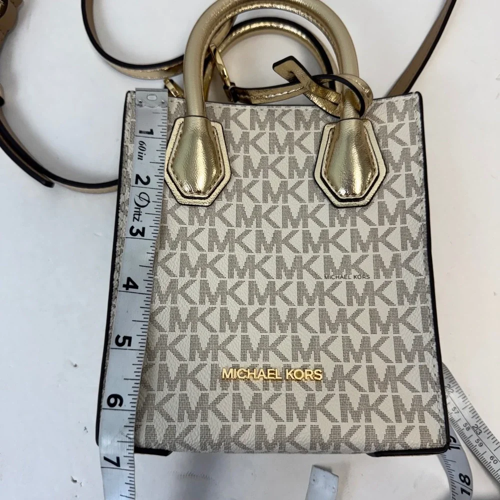 Michael Kors Mercer XS North South Shopper Crossbody Bag Vanilla Gold Logo